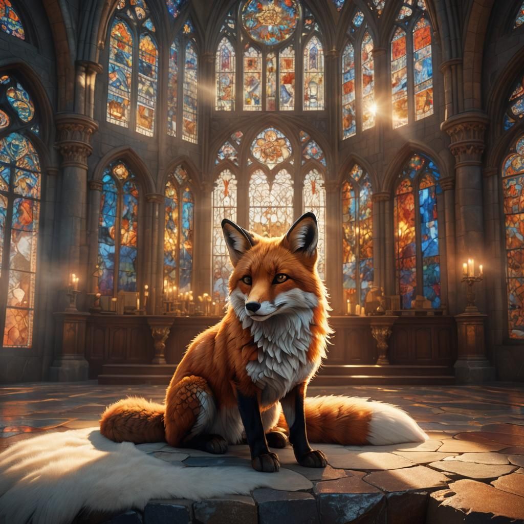 Mystical Cloud Fox in Church, Detailed Matte Painting