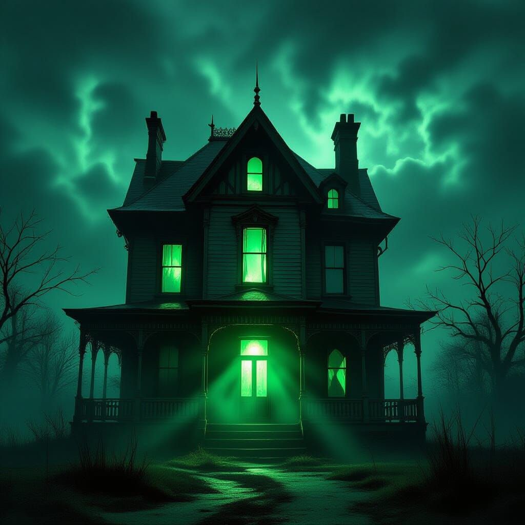 Eerie Abandoned Victorian House with Green Glow