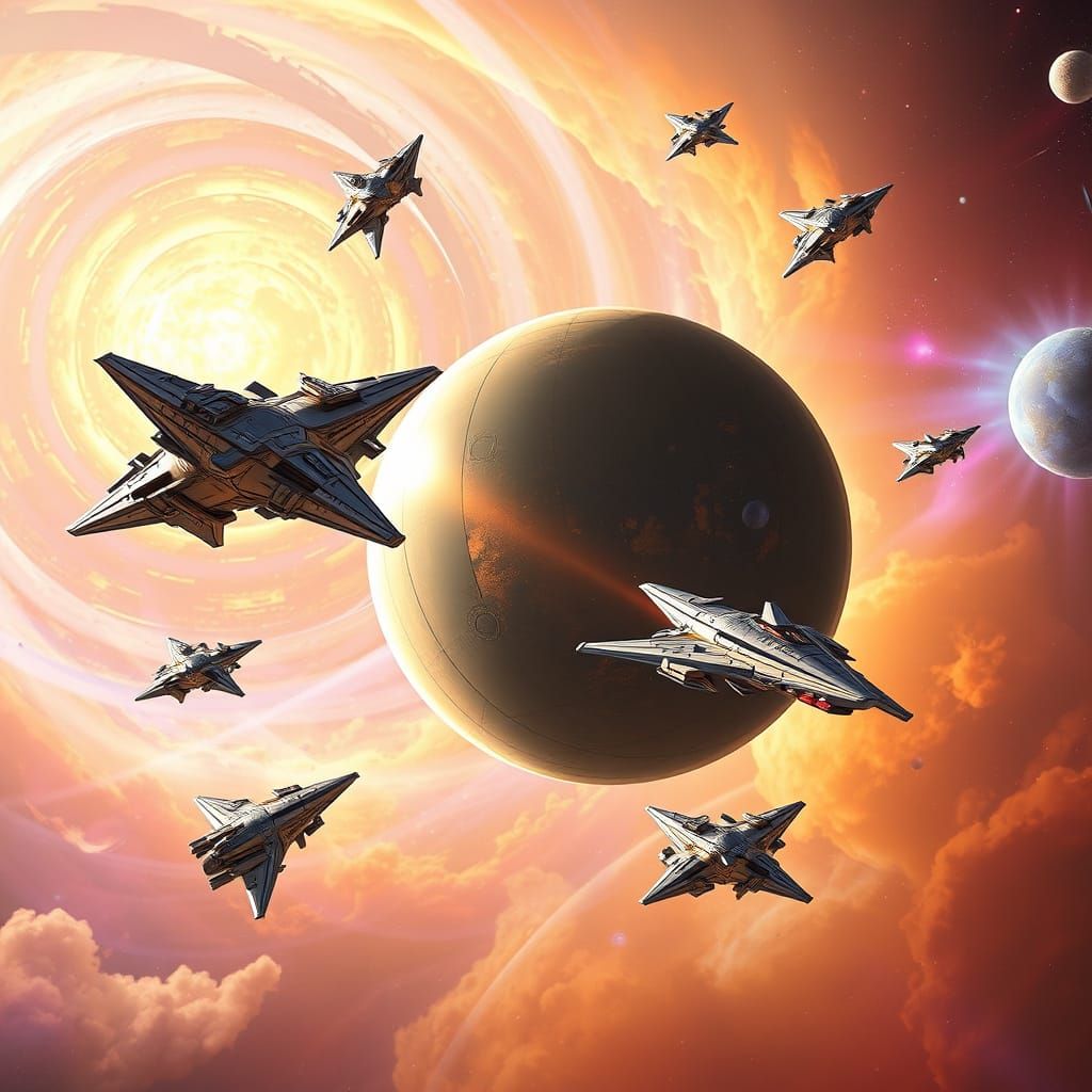 Chrome Spaceships Around Dyson Sphere in Retro Sci-Fi Style