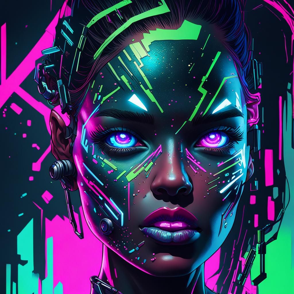 Cyberpunk Girl with Neon Paint, Detailed Matte Painting