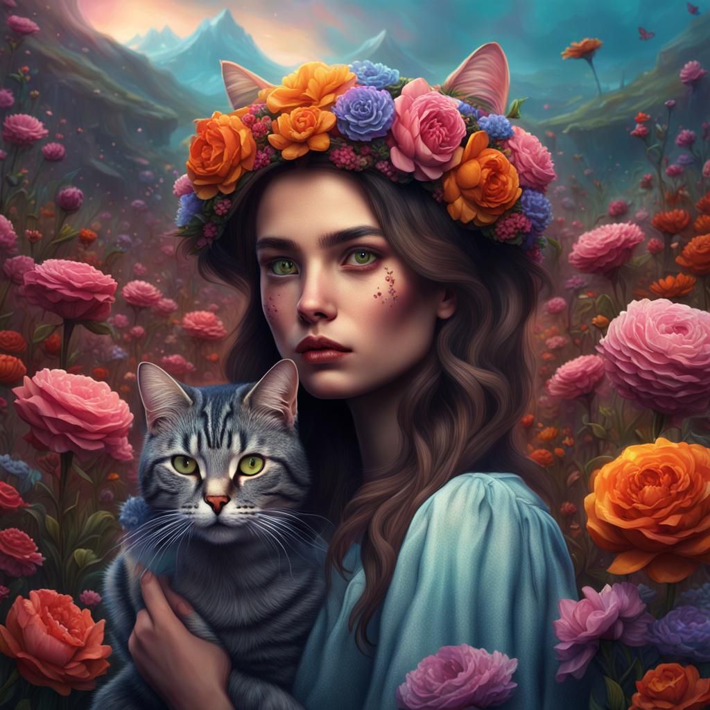 Colorful Surreal Fantasy Portrait of Girl with Flowers