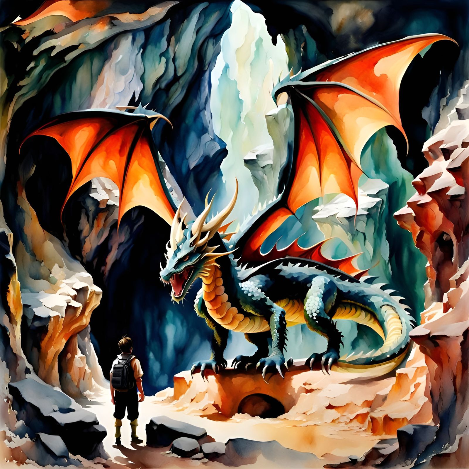 Watercolor Dragon and Child in Cave