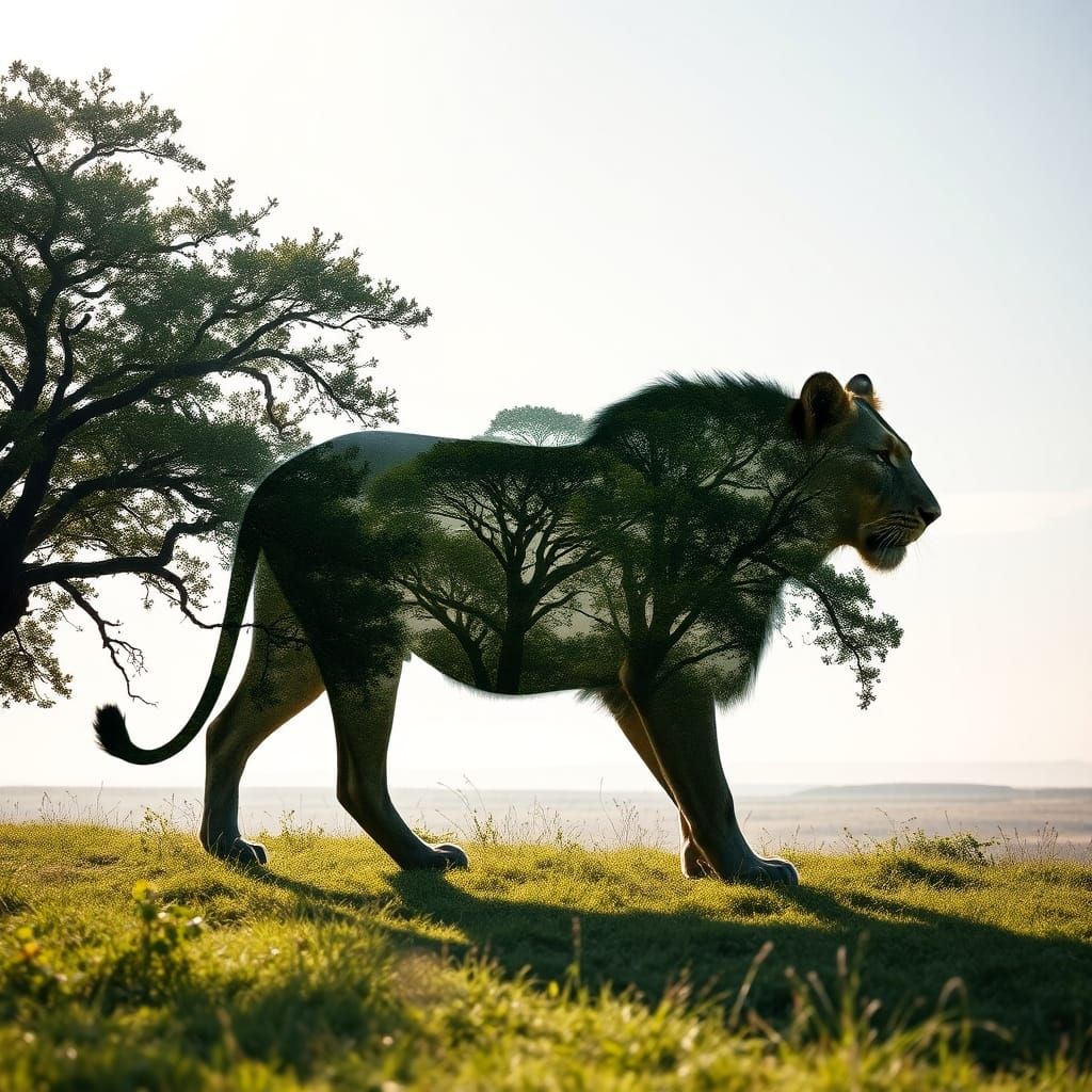 Lion Silhouette Double Exposure with Lush Foliage
