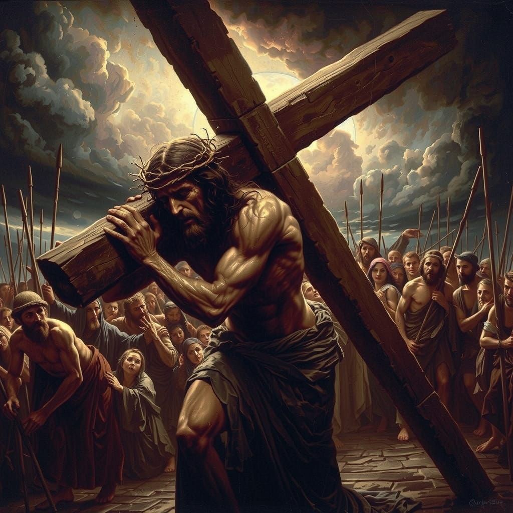 Jesus Carries the Cross Along Via Dolorosa in Dark Realism S...