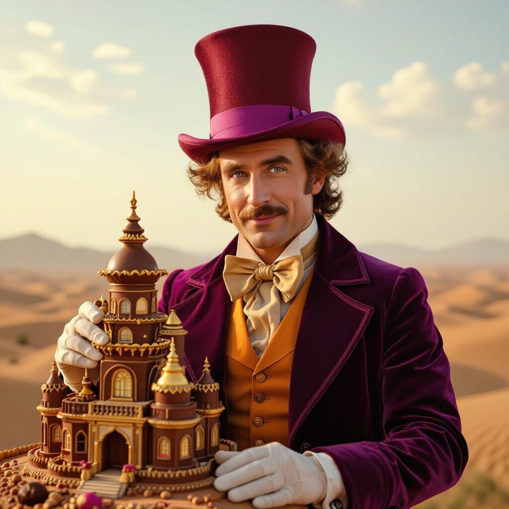 Willie Wonka builds a chocolate palace for the arrogant prince Pondicherry, under the ferocious Indian Sun film grain, v...