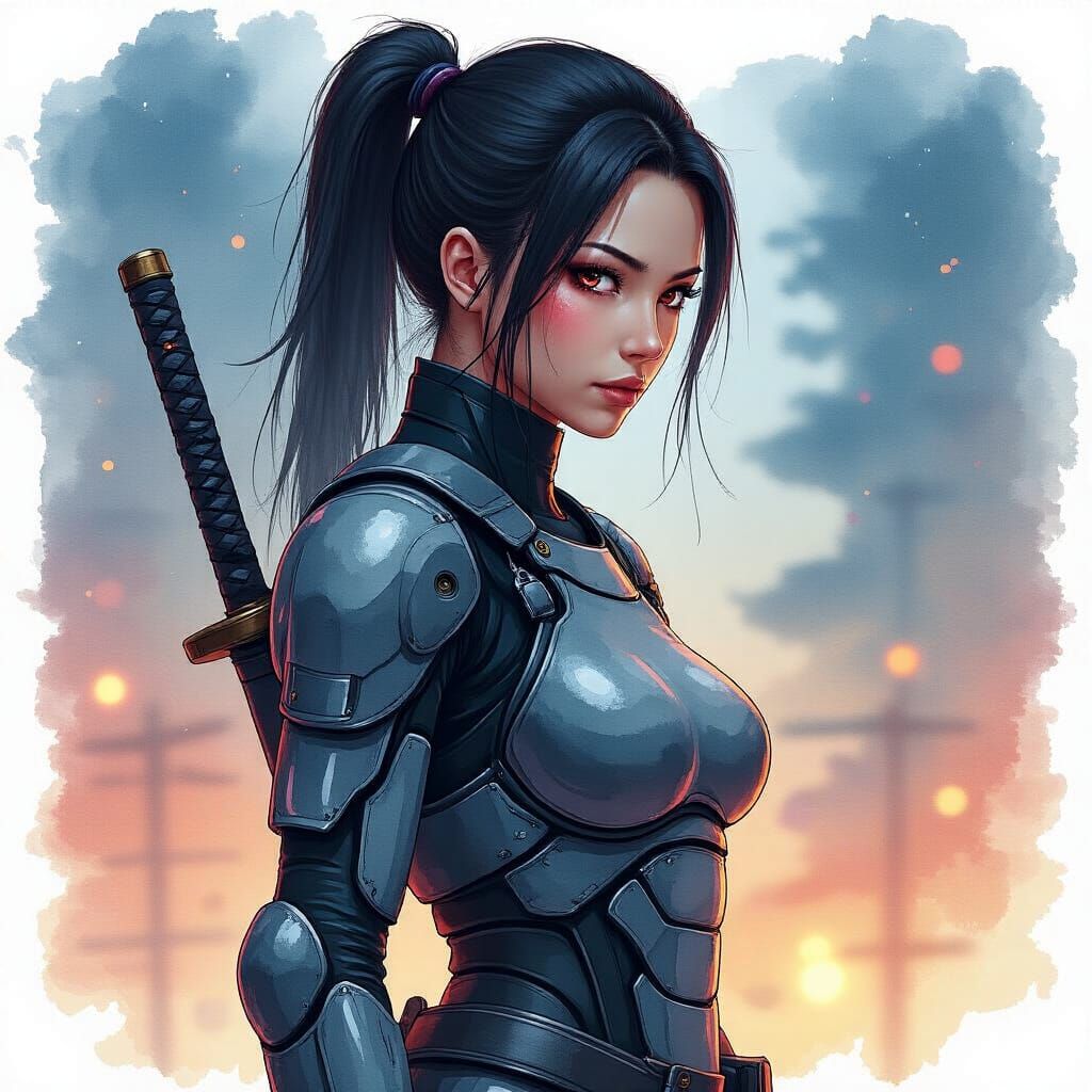 Female Cyber-Samurai in Astral Watercolor Style