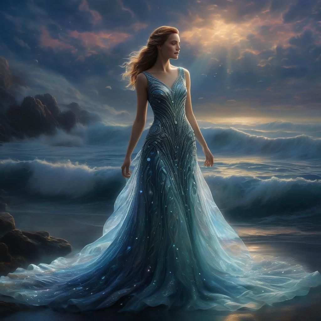 Iridescent Gown in Dreamy, Mist-Shrouded Fantasy Art