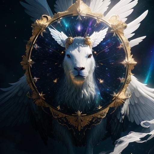 Celestial White Creature with Wings in Cosmic Scene