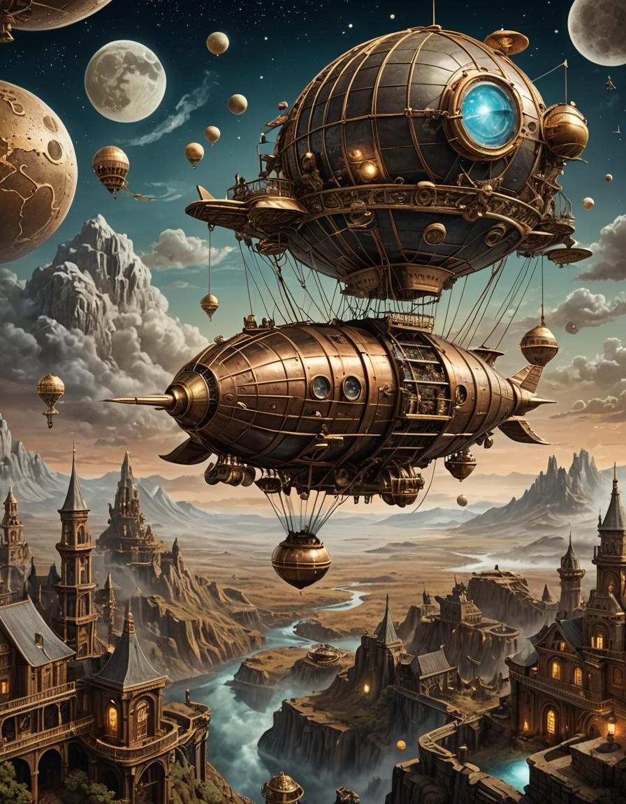 Steampunk Airship Journey to the Moon in Fantasy Art