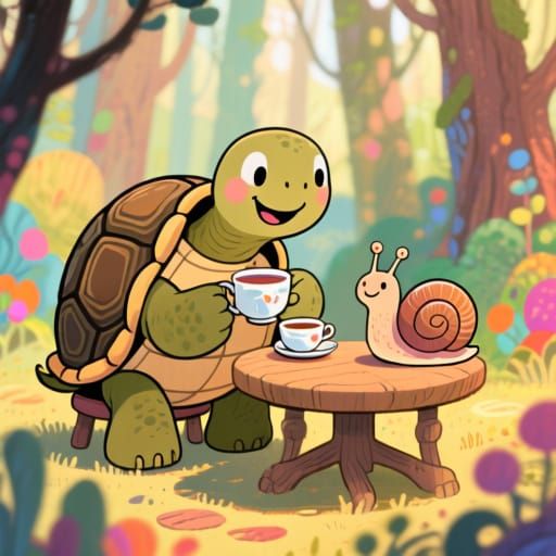 Whimsical Forest Tea Party with Turtle and Snail