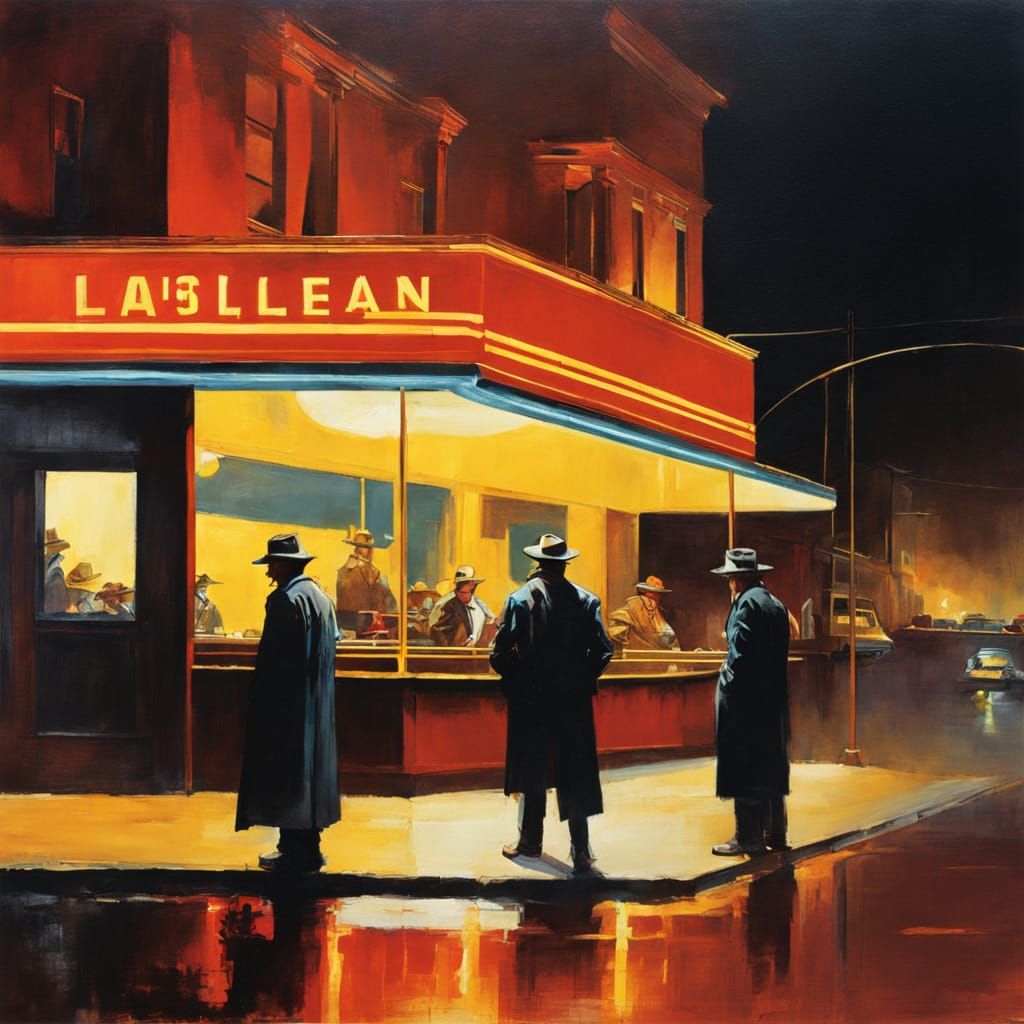 Surreal Nighthawks Scene in Comic Book Style