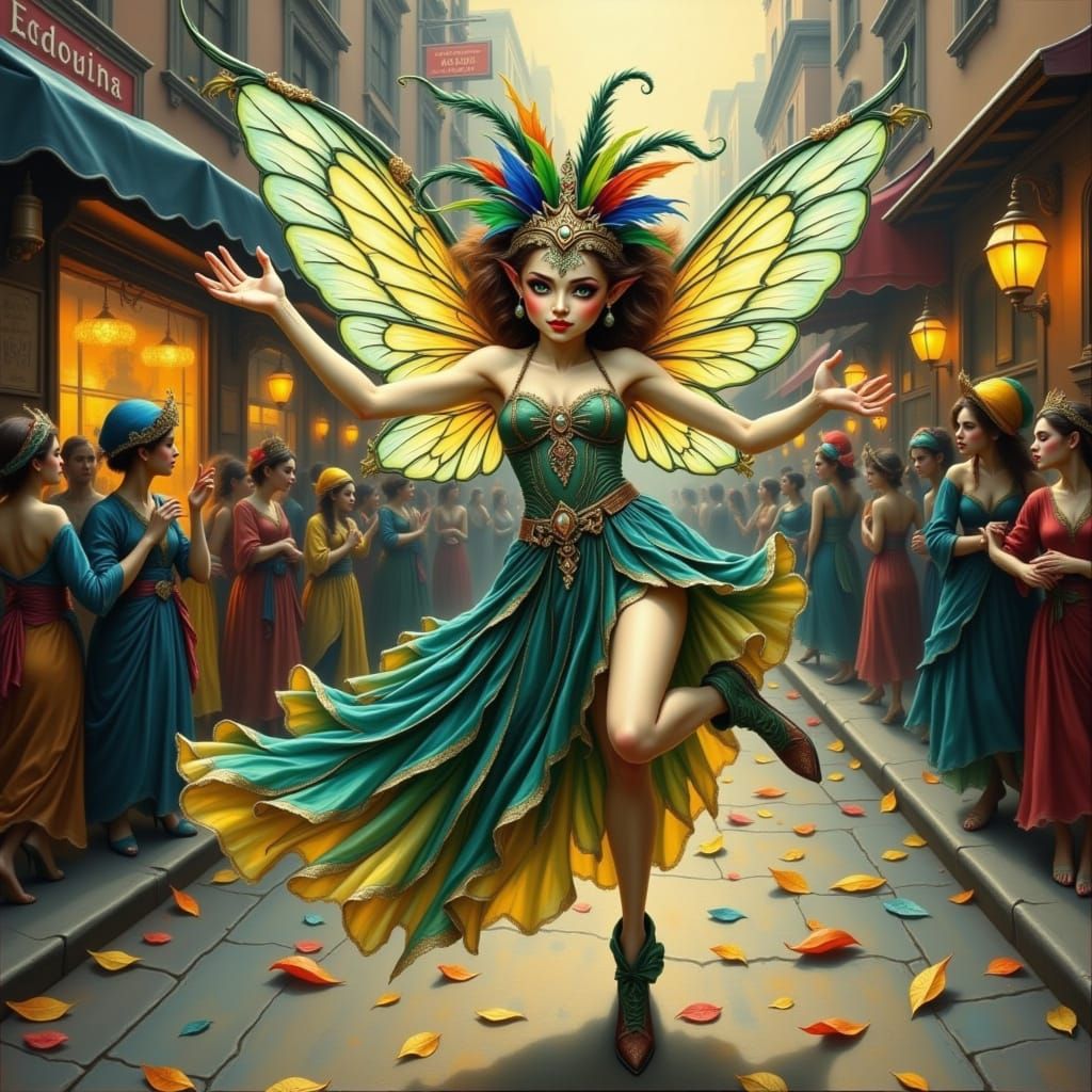 Masked Mardi Gras Fairy Dancing in Street Scene