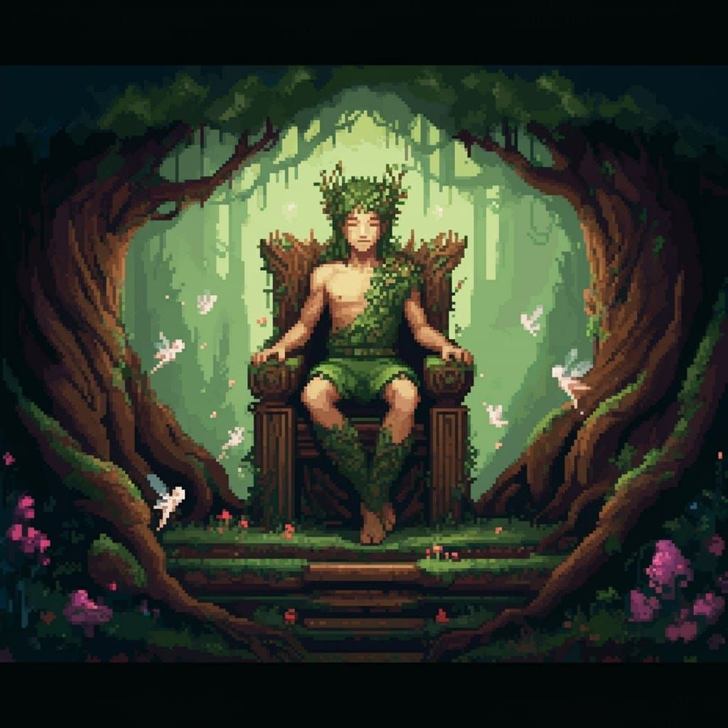 Earth God on Throne in 8-Bit Pixel Art