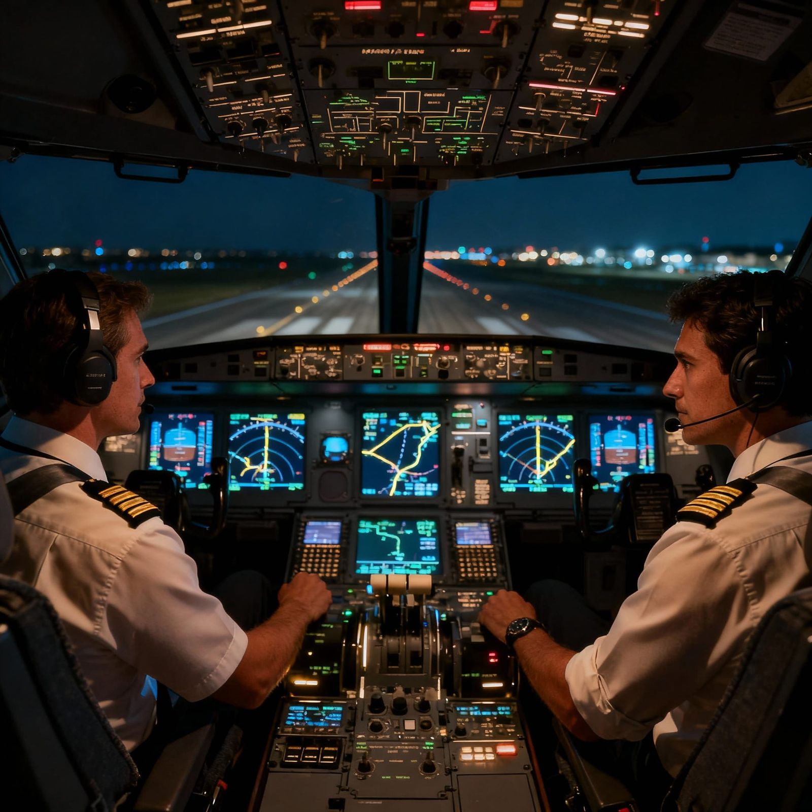 Airbus Cockpit at Night, Focused Pilots Before Takeoff