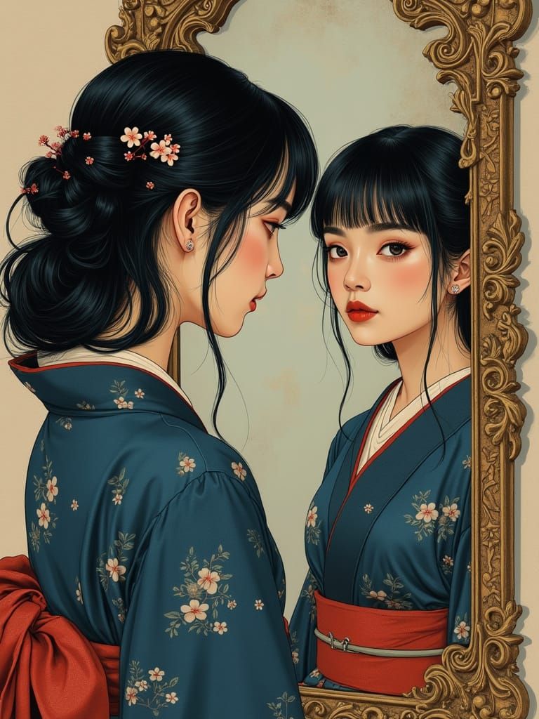 Asian Woman in Kimono Contemplates Reflection