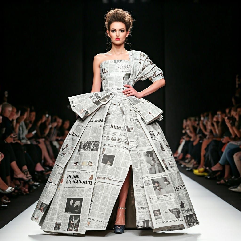 Runway Model Wears Newspaper Dress in High-Resolution Fashio...