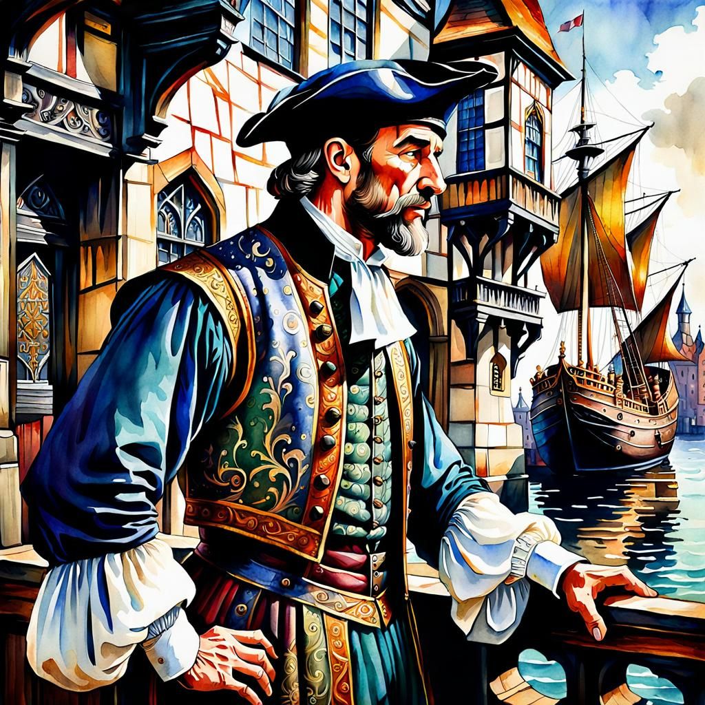 Tudor Merchant: Hyperdetailed Watercolor Painting