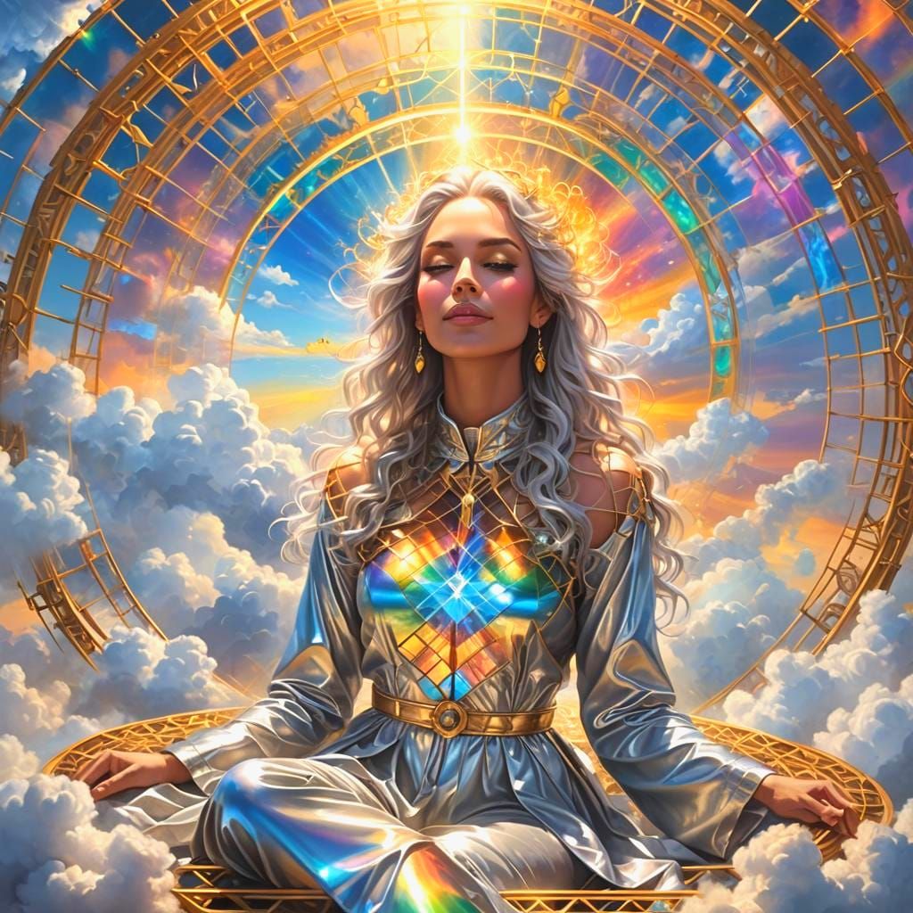 Radiant Figure Lounging on Cloud in Digital Painting