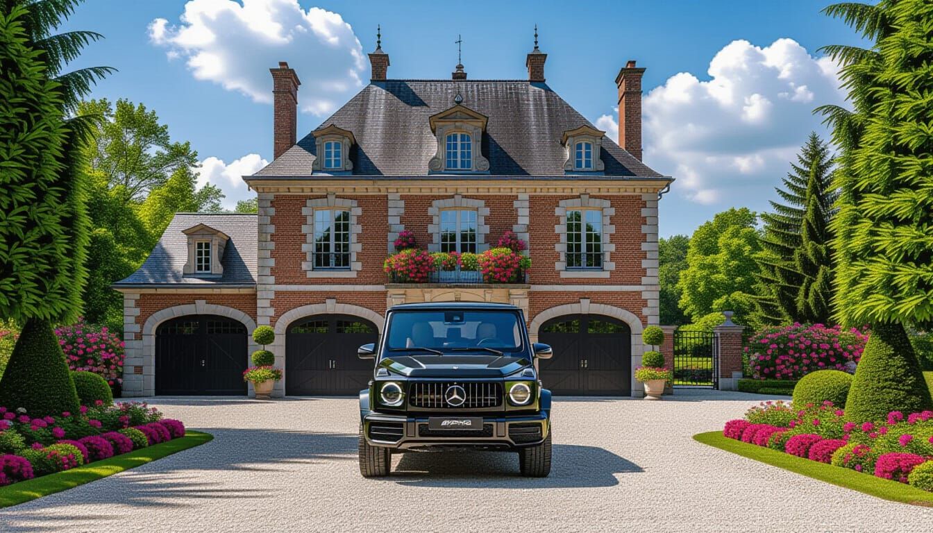 Brick Chateau with Mercedes AMG G 63 in Garden