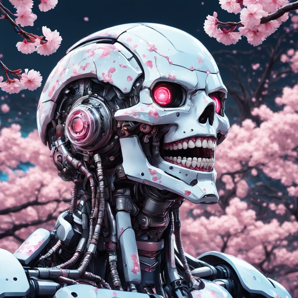 Anime Cyborg Mouth in Cherry Blossom Garden