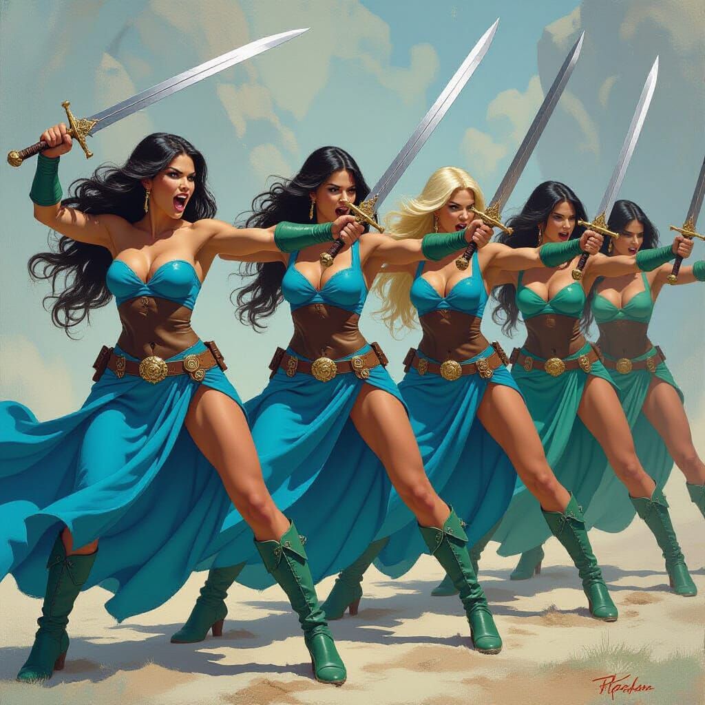 Warrior Women Swing Swords in Frazetta Style