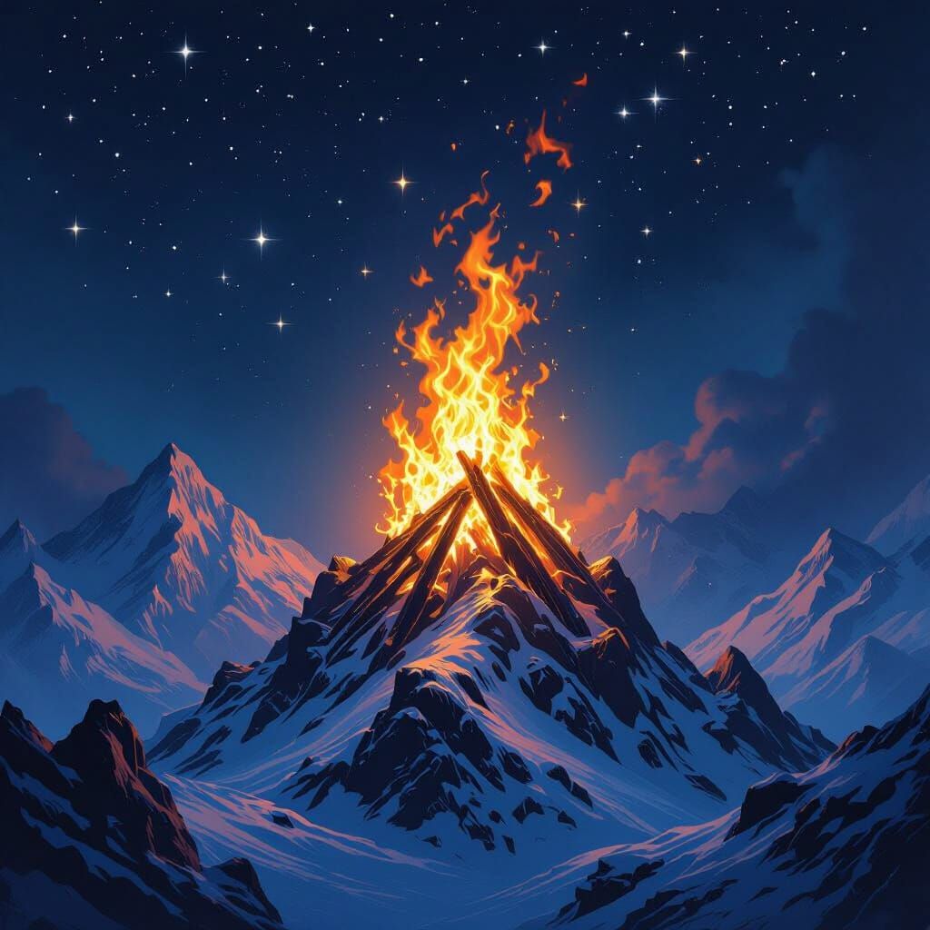 Mystical Bonfire on Snowy Mountain Peak at Midnight