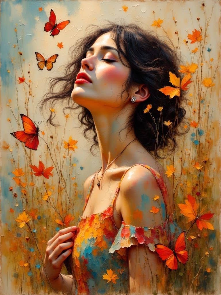 Woman with Butterflies and Autumn Leaves in Pastel