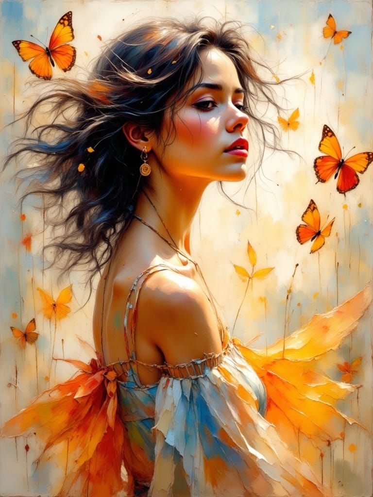 Woman Surrounded by Butterflies as Pastel Painting