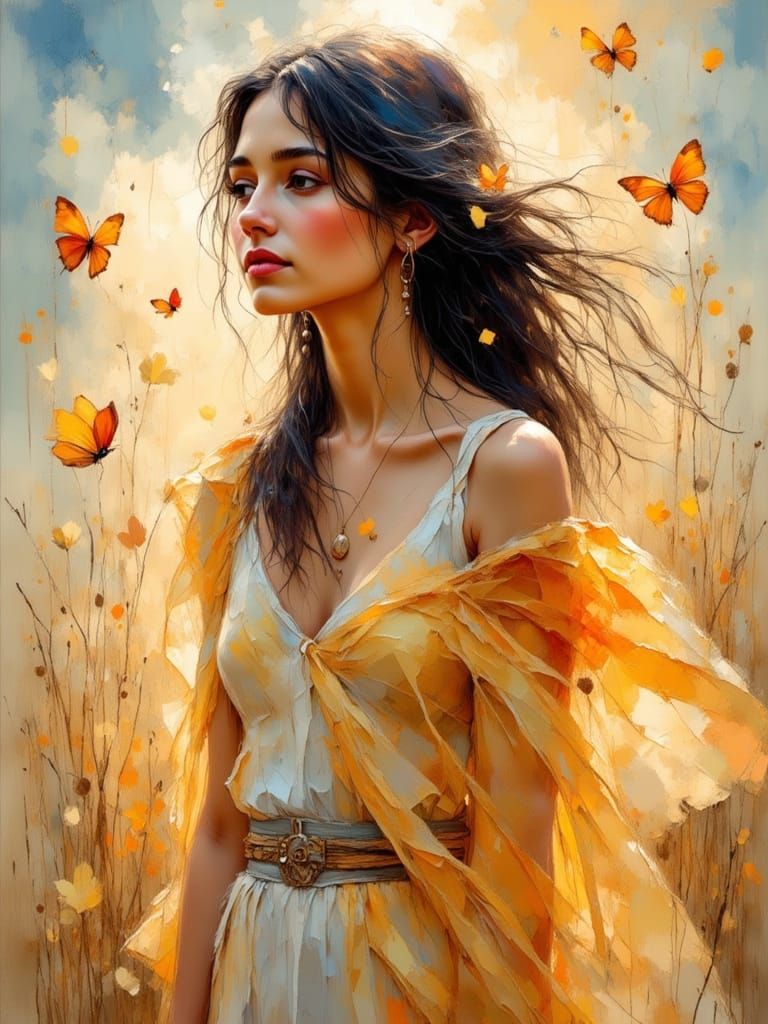 Woman with Butterflies in Pastel Crayon Wax Style