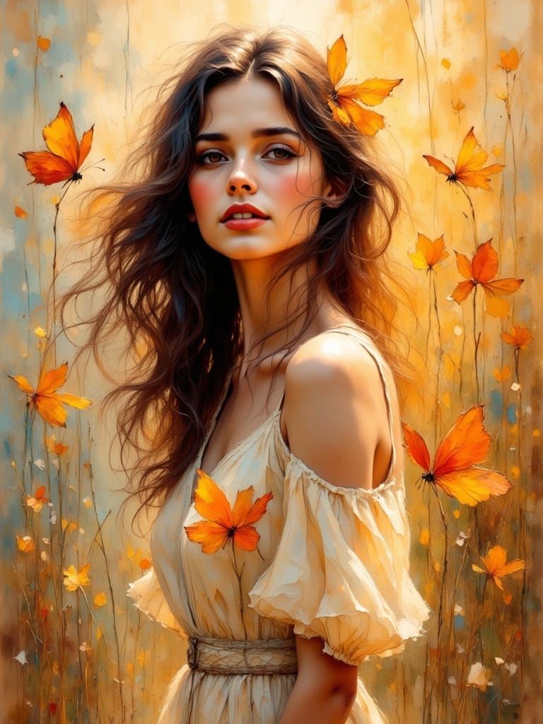 Woman with Butterflies in Golden Autumn Light