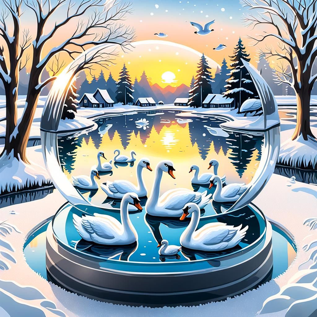 Chiba Baby Swans Winter Scene in Snowglobe