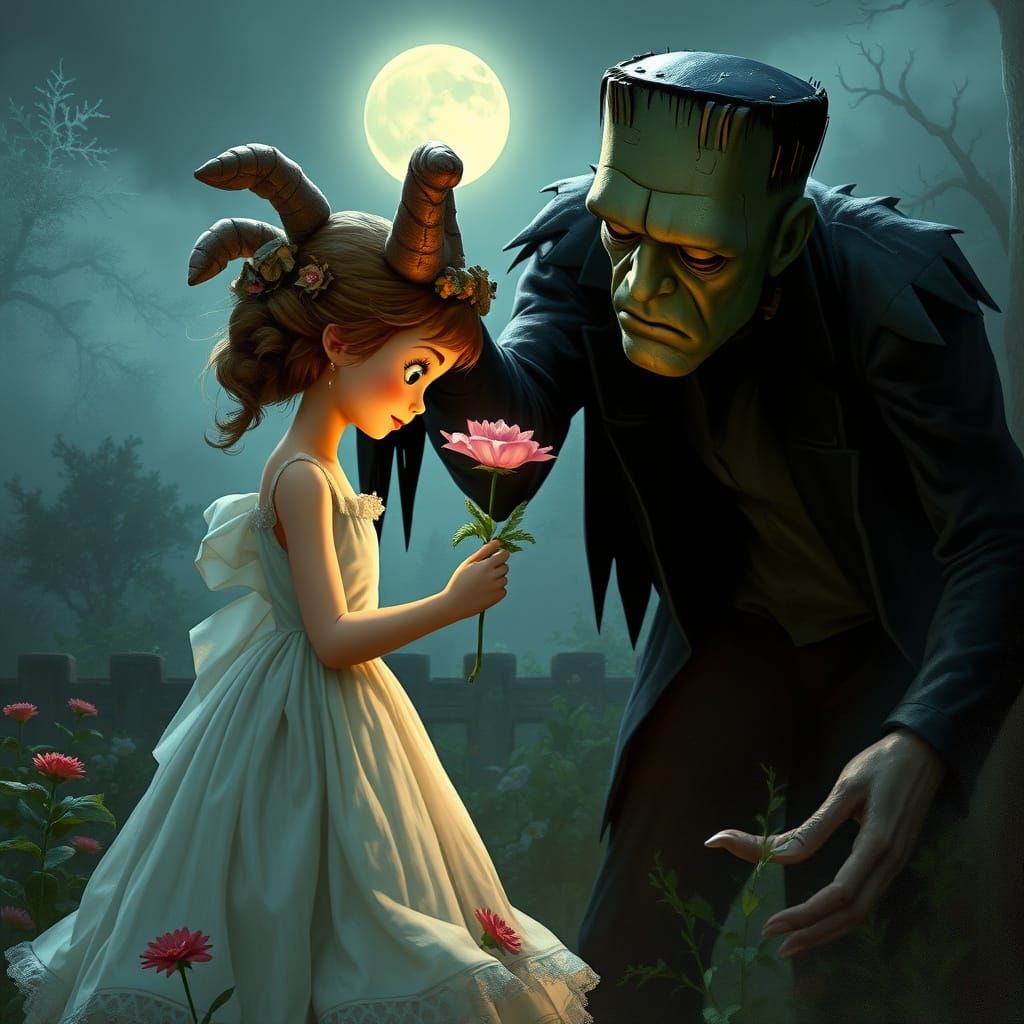 Girl Offers Flower to Frankenstein in Romantic Garden