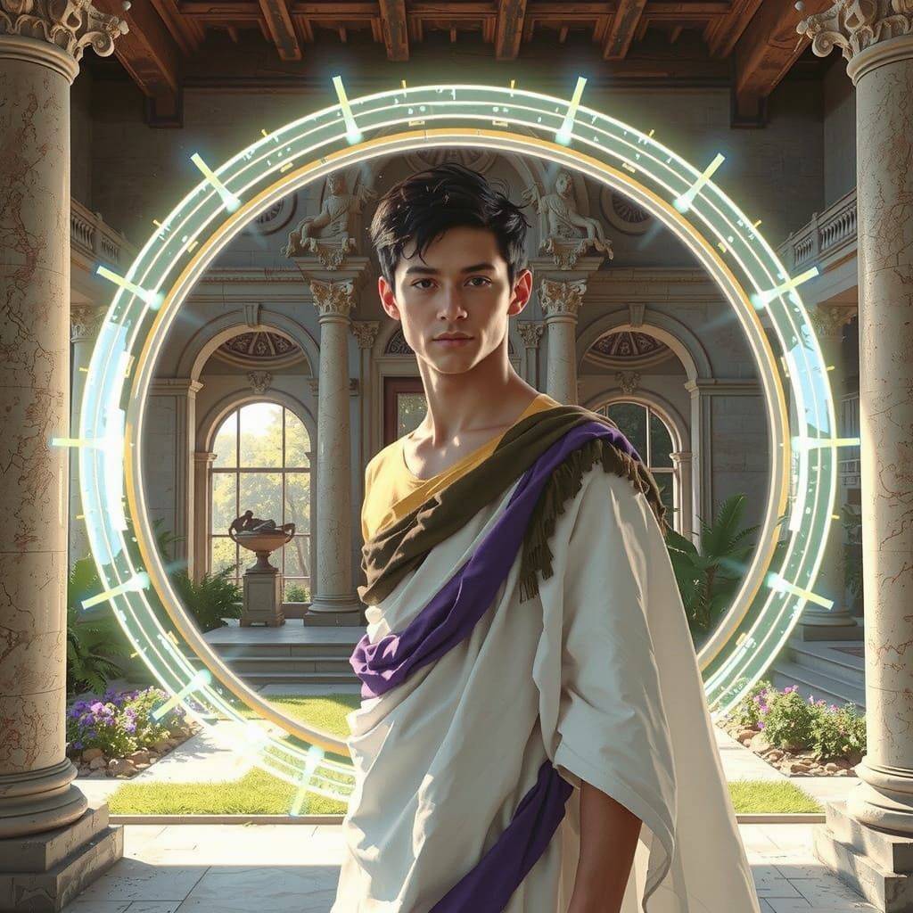 Time Traveler Between Roman Garden and Sci-Fi Lab