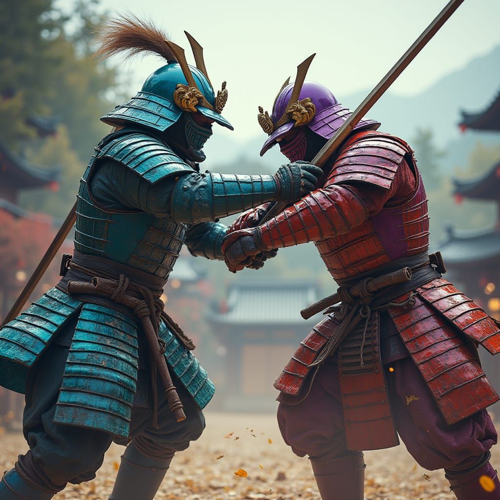 Samurai Warriors Clash in Vibrant Armor at Japanese Temple