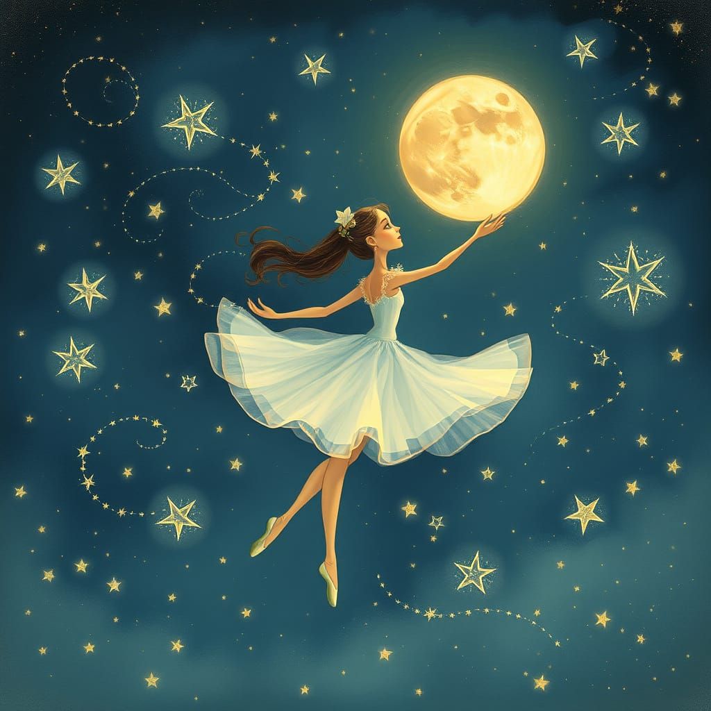 Moon Fairy Dances Among Starlight in Whimsical Ballet Scene