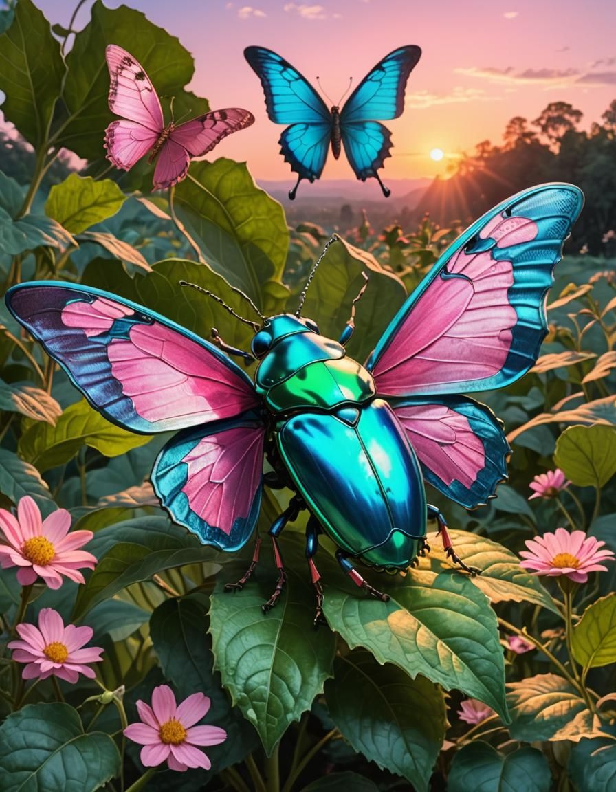 Metallic Beetle and Butterfly at Sunset