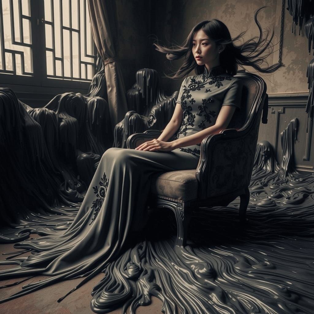 Melancholic Chinese Woman in Drab Room, Pre-Raphaelite Style