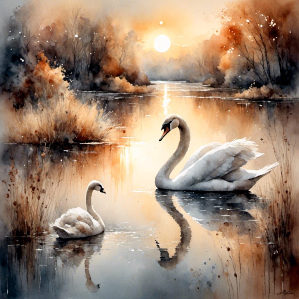 Swan Glides on Lake at Sunset in Misty Landscape