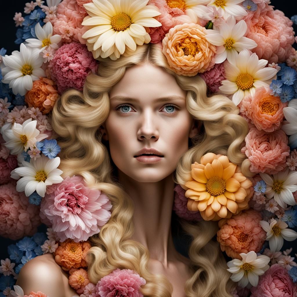 Surreal Water Goddess with Floral Halo Portrait