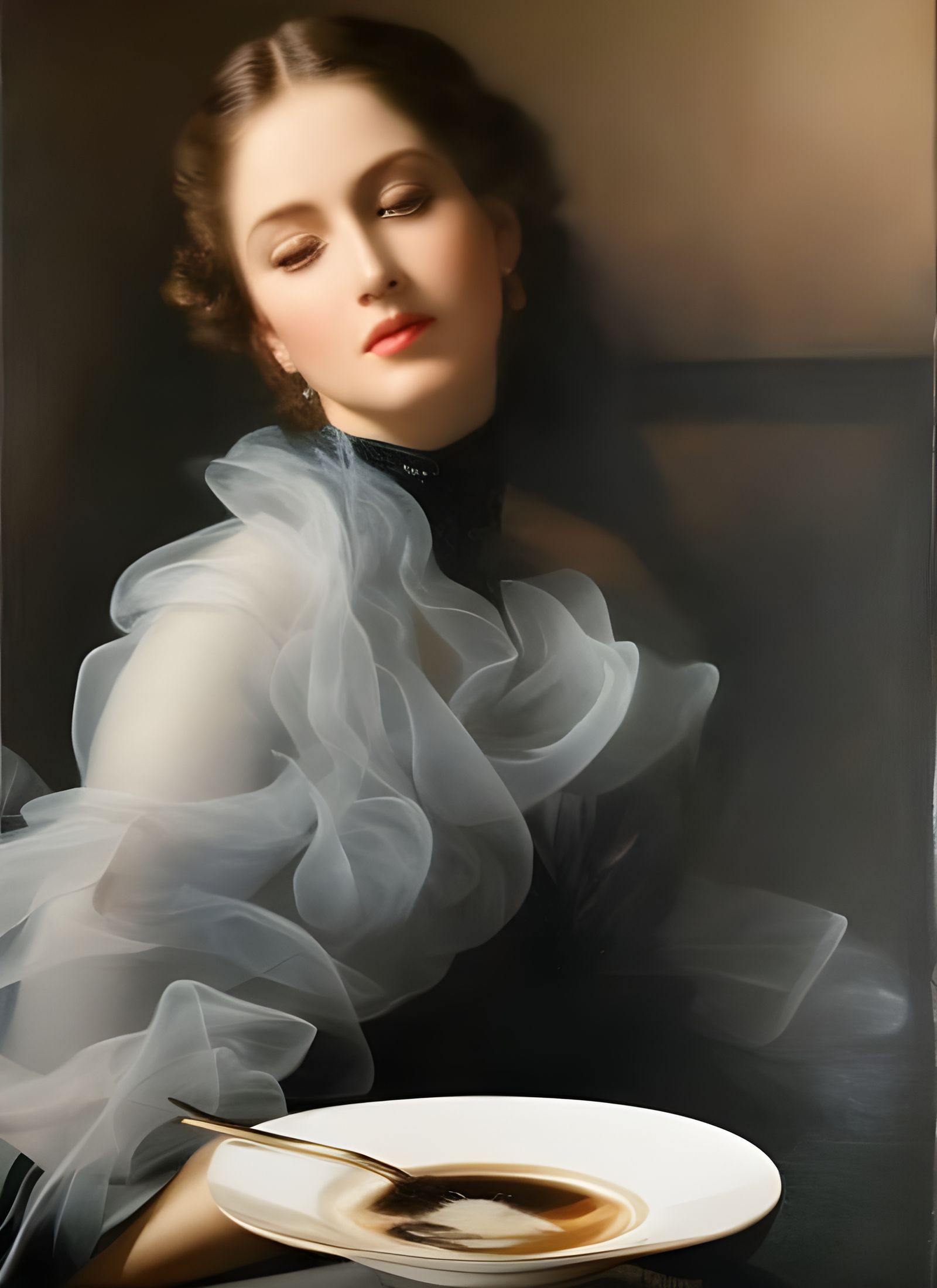 Beautiful Woman in Cafe: Photorealistic Portrait