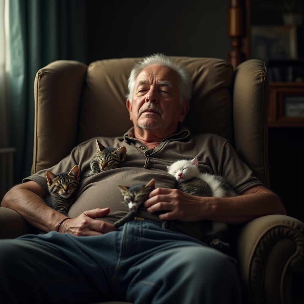 Cozy Nap: Kittens Cuddle with Grandpa