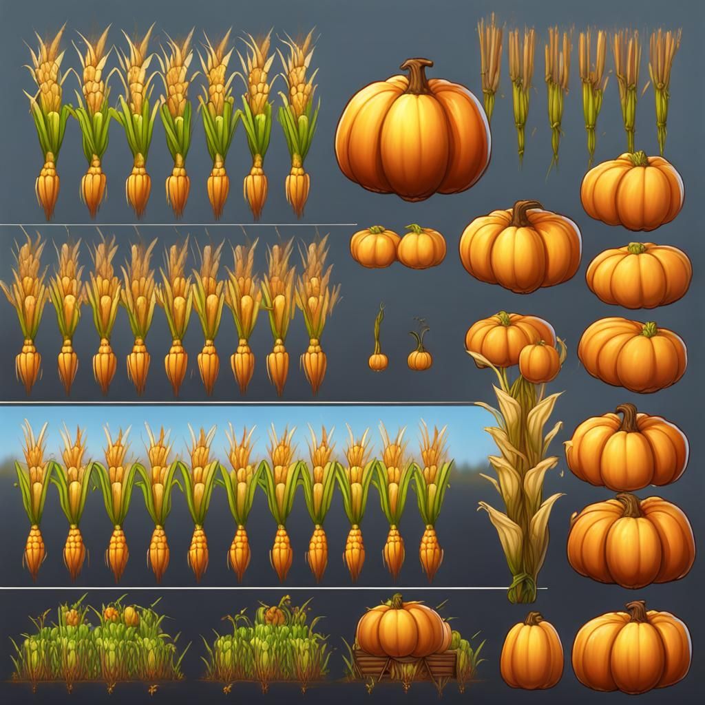 2D Farm Game Sprite Sheet with Corn and Pumpkins