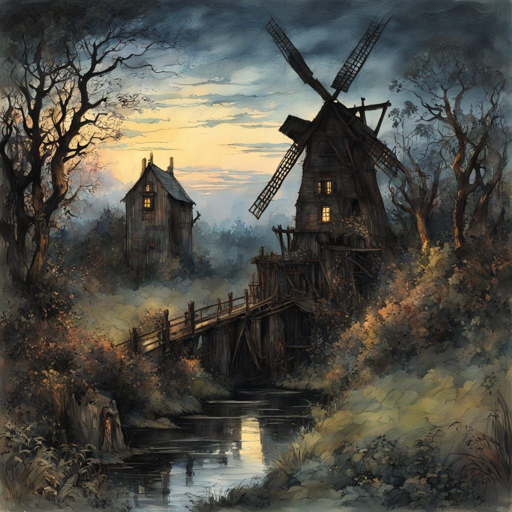Whimsical Watermill Under Twilight Hush
