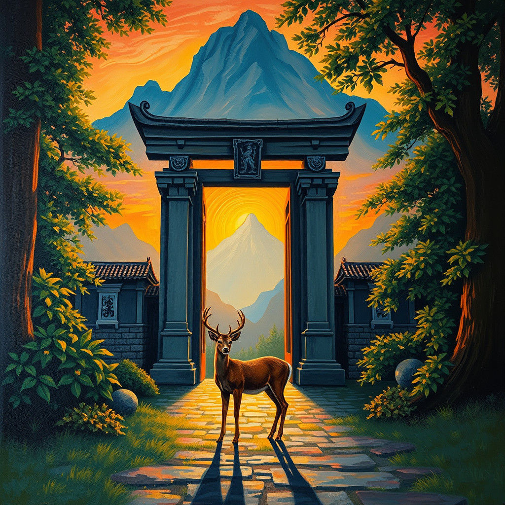 Deer at Temple Gate in Neo-Impressionist Style