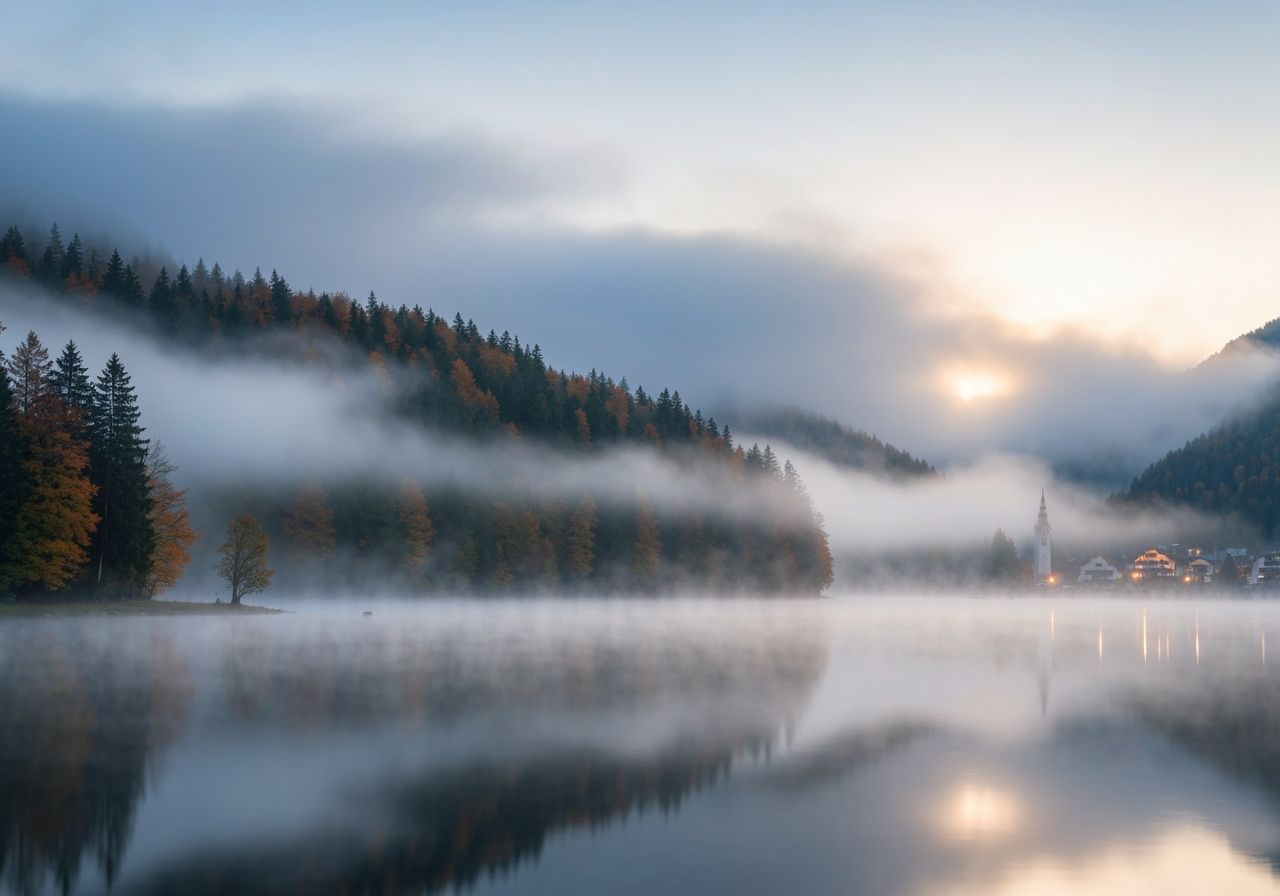 Misty Alpine Lake at Dawn in Autumn Forest