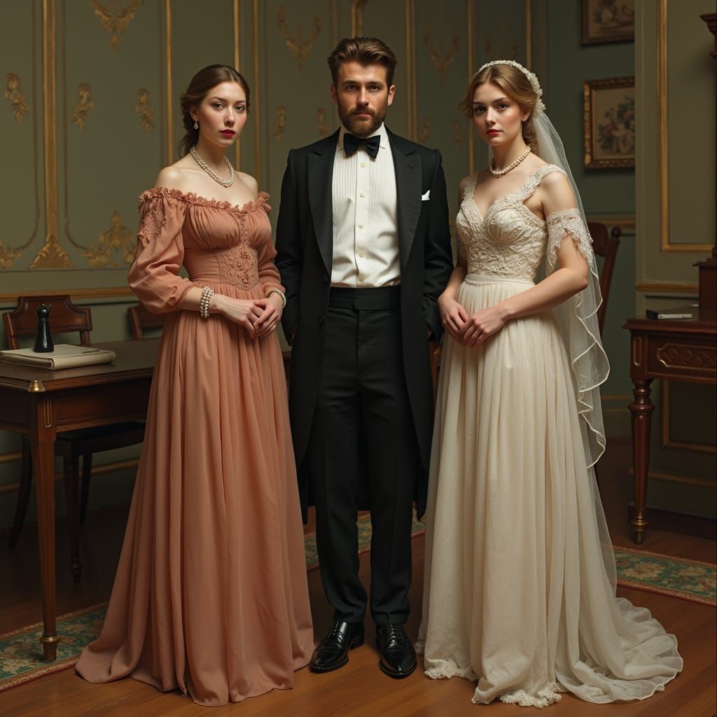 Victorian Man with Two Women: Art Nouveau Style