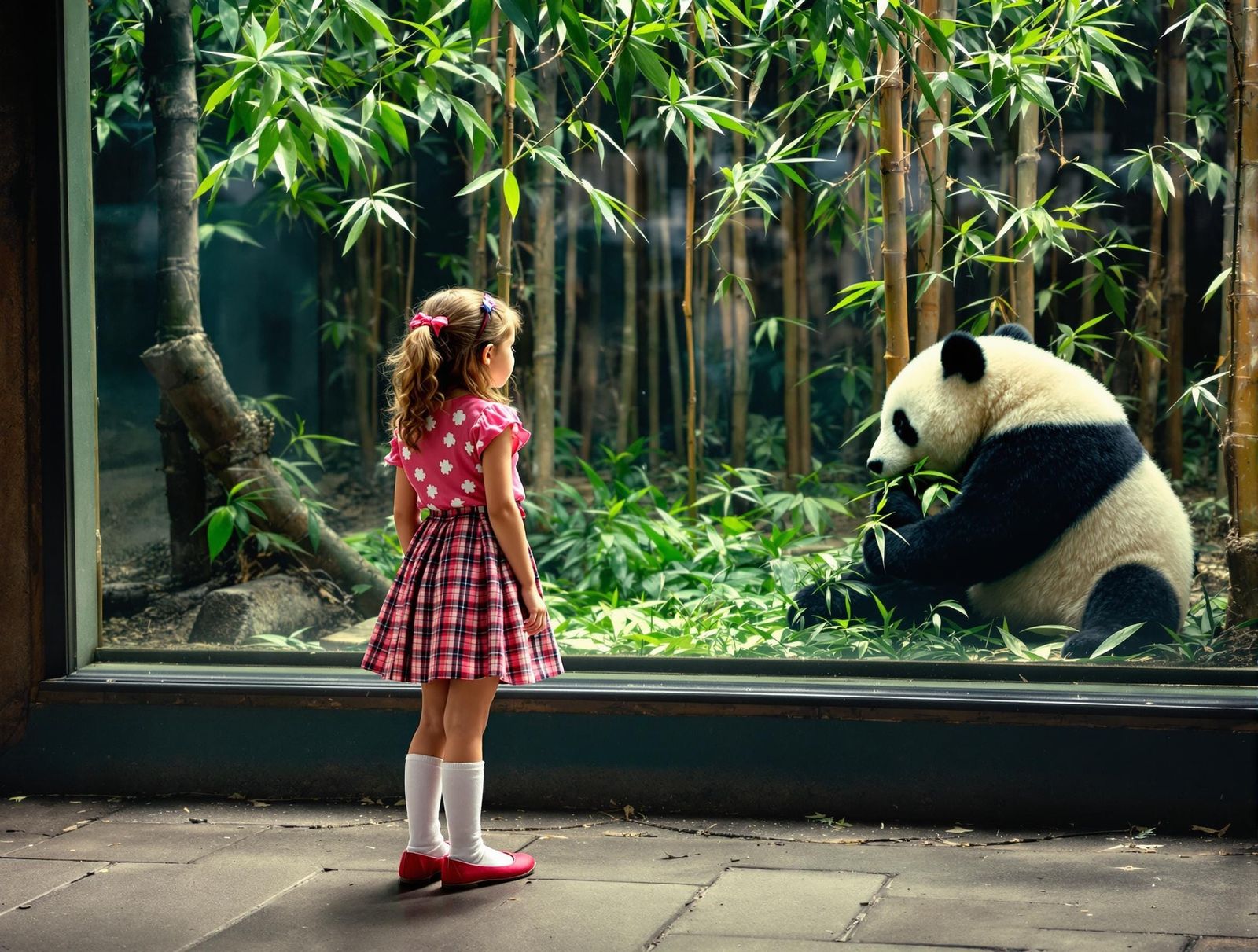 Girl Watching Panda Eat Bamboo, National Geographic Style