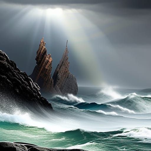 Shipwrecked Vessel Amidst Storm and Sunlight