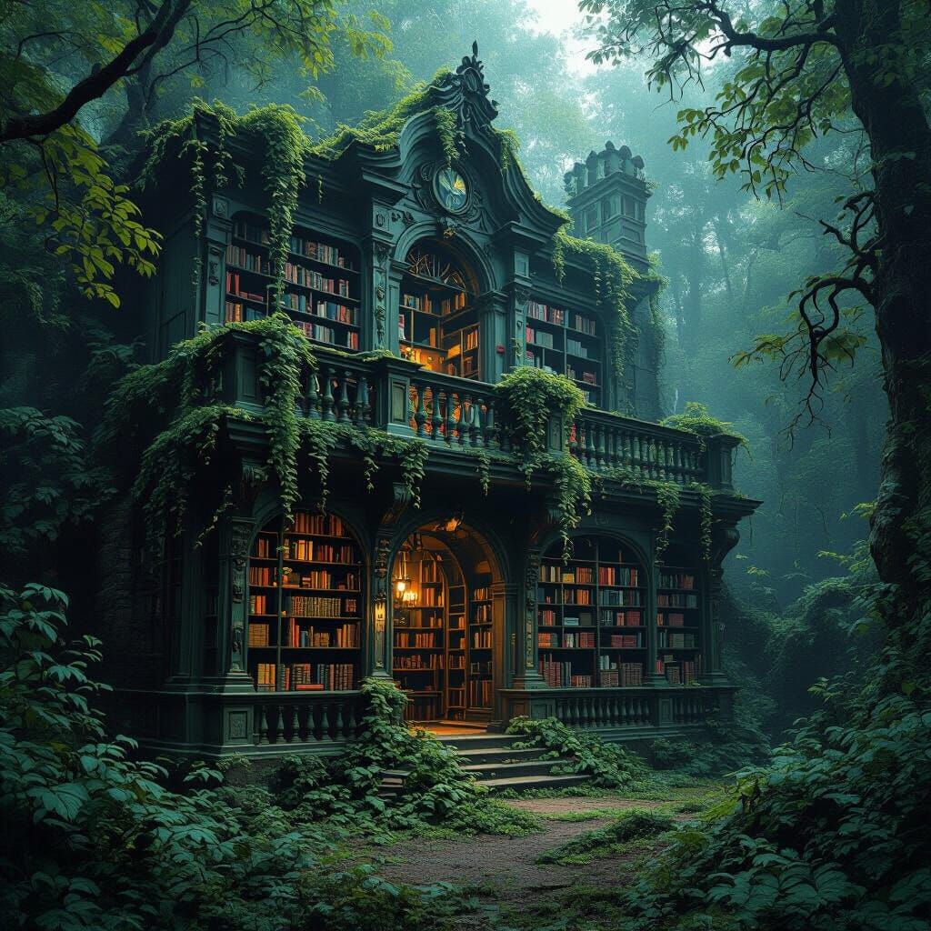 Mystical Overgrown Library in Black Forest, Photorealistic