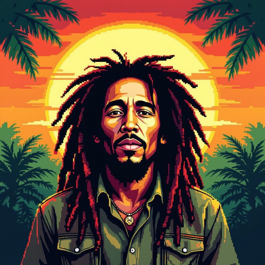 Bob Marley Pixel Art Portrait with Reggae Background